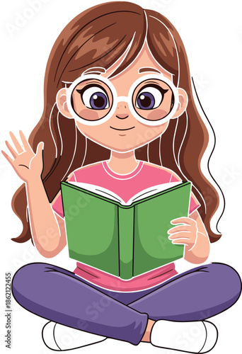 Cute cartoon girl with glasses sitting cross legged reading a green book and waving her hand for education and literacy