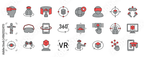 Virtual reality icon set. Containing VR, augmented reality, headset, immersive, mixed reality, AR, 360 degree, VR gaming and more. Solid vector icons collection. eps 10