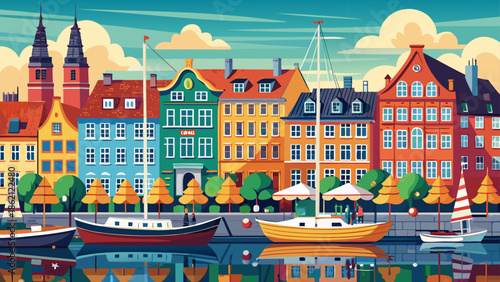 Very beautiful panoramic view of Copenhagen city skyline at Nyhavn port, Denmark, combining colorful facades, boats, and calm water, representing classic Scandinavian charm and urban harmony.