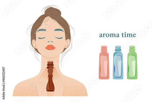アロマの香りを嗅いている女性とカラフルなアロマの瓶