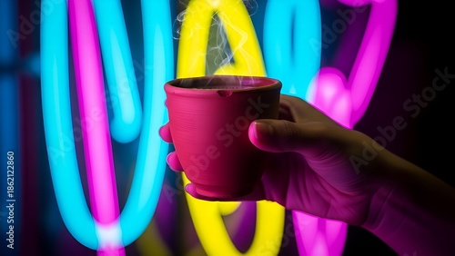 A hand holding a steaming cup of coffee in front of a vibrant neon light display