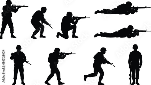 Military soldier silhouettes in multiple combat positions with rifles, tactical infantry action poses isolated on white background illustration set design