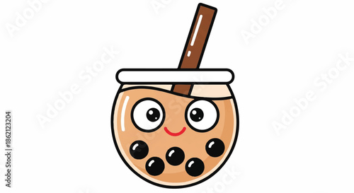 Playful cartoon bubble tea drink with tapioca pearls and a straw.