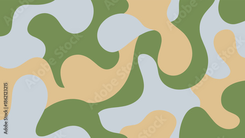 Camouflage pattern, light blue beige olive green tones, organic interlocking shapes, seamless texture, flat vector illustration
