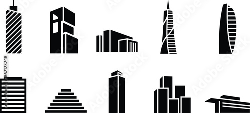 Modern building silhouettes, architectural styles, black vector, urban design, high-rise structures, minimal illustration, cityscape graphic, white background, construction concept