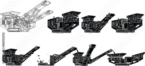 Mobile crusher illustration, industrial machine silhouette, tracked equipment, construction vector, mining graphic, mechanical system, technical design, white backgroundMobile crusher illustration,  