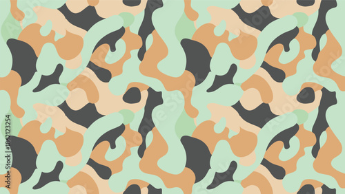 Camouflage pattern, light green beige tan gray tones, organic irregular shapes, highlighted contour detail, seamless texture, flat vector illustration