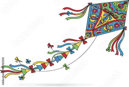 Sky Dance: A vibrant kite soars against a boundless blue, its colorful design weaving stories of flight and imagination. It's a testament to the joy of soaring in the sun.