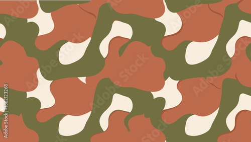 Camouflage pattern, olive reddish beige tones, organic interlocking shapes, disruptive texture design, seamless vector, flat vector illustration