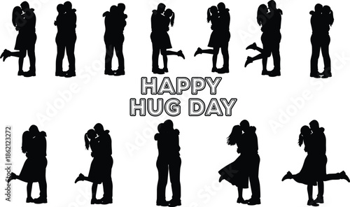 Happy Hug Day silhouette collection with romantic couples embracing in various poses, love, affection and Valentine celebration illustration set