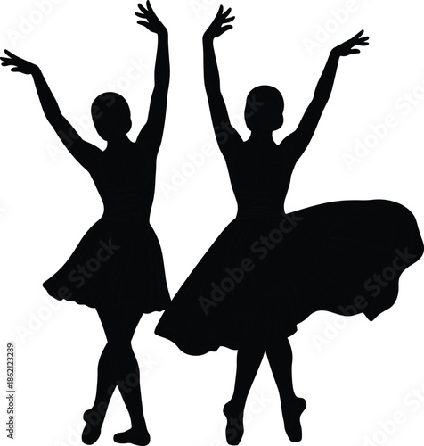 Elegant ballet dancer silhouette duo performing graceful poses, classical dance movement and artistic expression illustration in black and white