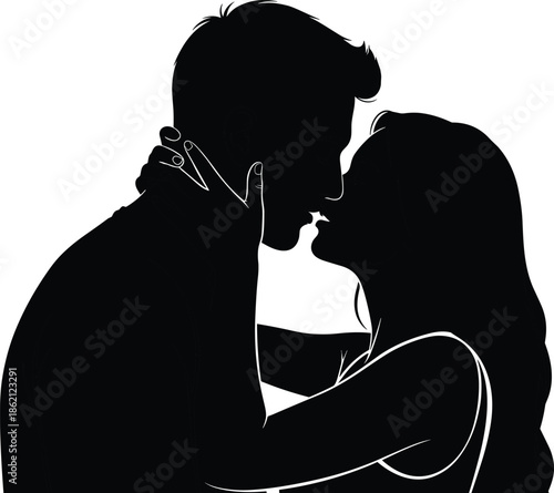 Intimate couple silhouette kissing face to face, romantic love and passion concept, minimalist black and white illustration