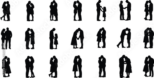 Romantic family and couple silhouette collection showing love, affection and bonding moments between partners, parents and children illustration set