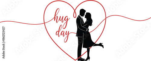 Romantic Hug Day illustration of loving couple silhouette embracing inside red heart line art, minimalist valentine celebration design