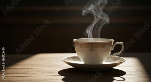 Steaming hot beverage in a decorative cup, shadow on wood