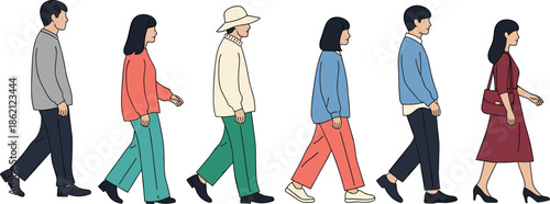 Illustration of diverse young men and women walking in a line wearing stylish casual colorful outfits isolated on white background