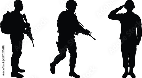 Military soldier silhouettes with rifles and salute, armed forces figures isolated on white background, defense, security, service concept illustration collection
