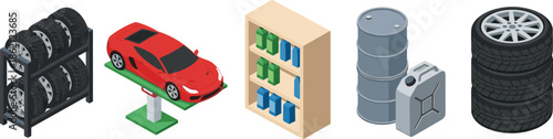 Isometric car service set with red sports car on lift tires on racks motor oil bottles and fuel barrels for garage
