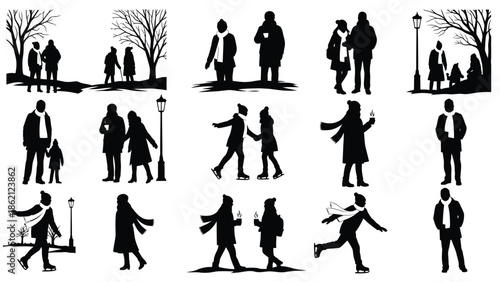 Collection of people walking in park silhouettes
