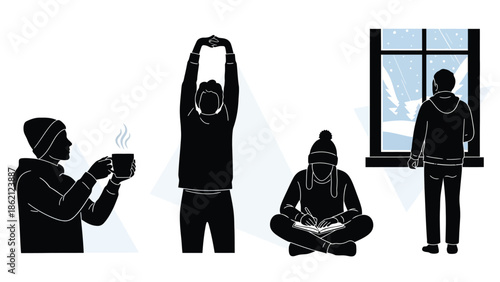 People engaging in various relaxing activities at home