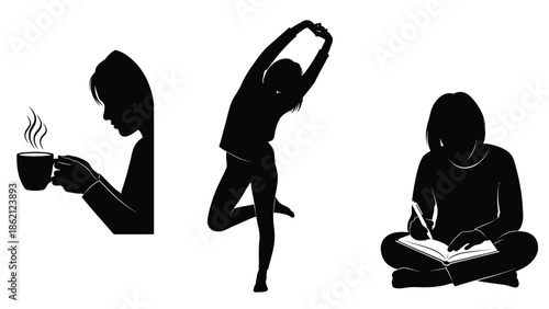 Woman enjoying coffee, practicing yoga and writing in notebook silhouette