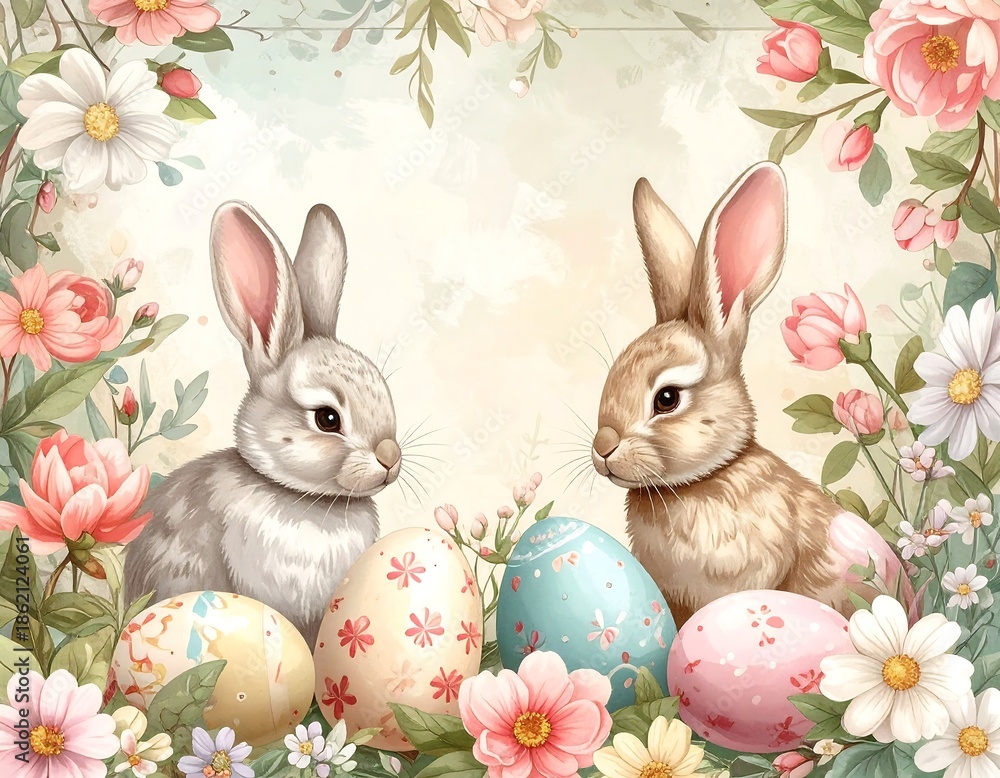 Fototapeta premium Easter Rabbits with Decorated Eggs and Flowers.