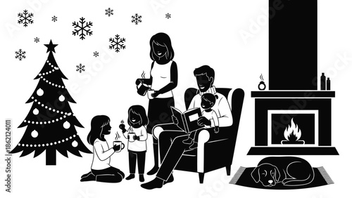 Family enjoying christmas together by the fireplace