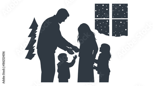 Family silhouette gazing at starry night sky together