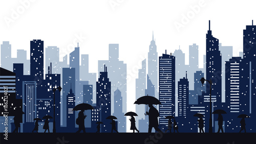City skyline with people walking under umbrellas on a rainy night