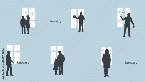 Silhouettes of people standing near windows in january