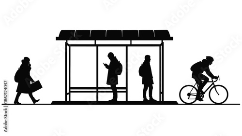 People waiting at bus stop with cyclist passing by