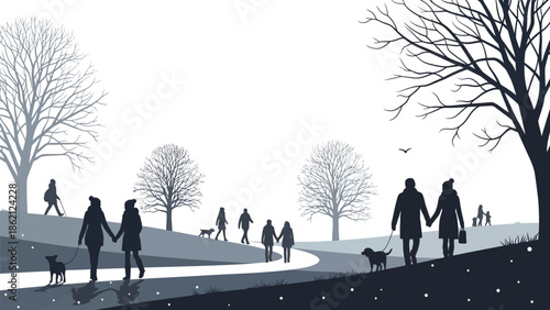 Couple walking hand in hand in winter park