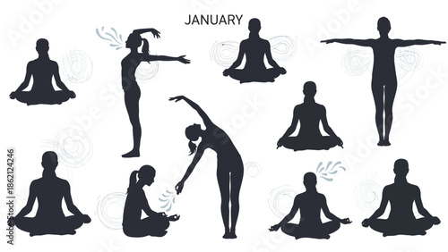 Yoga poses silhouettes for january month