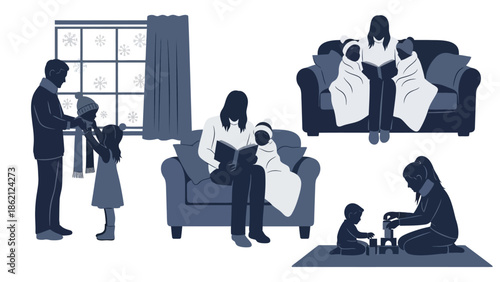 Family bonding moments in living room during winter
