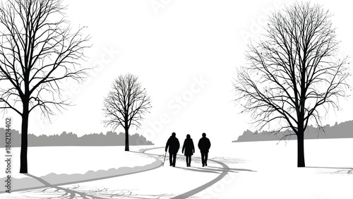 People walking on snowy path in winter landscape