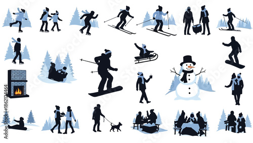 People enjoying winter sports and activities in snowy landscape