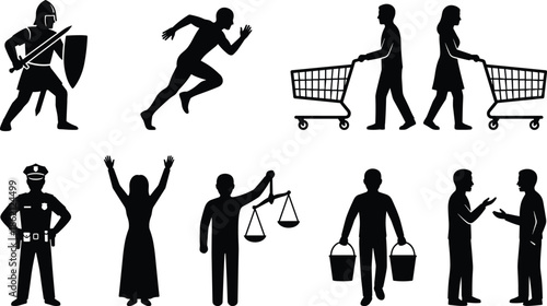 People activity silhouettes showing shopping, work, justice, communication and action scenes, lifestyle and profession concepts isolated on white background illustration