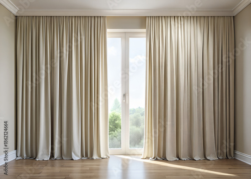 Minimalist luxury curtain made of soft ivory silk, gentle vertical folds, floor-to-ceiling design