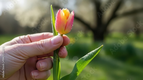 Hand holding a vibrant tulip in a sunlit garden.