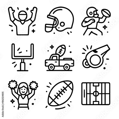 American football icons for professionals in sport marketing, event planning, merchandise design, and sports media content creation. Great for advertising and branding.