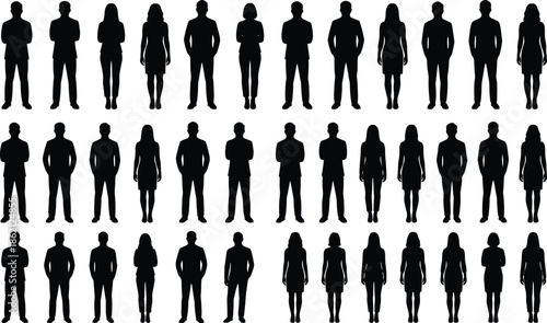 Business people standing silhouette collection showing diverse men and women professional poses isolated on white background, corporate team concept