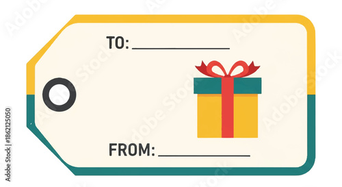 Vibrant gift tag illustration featuring a colorful ribbon, space for To and From.