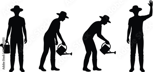 Gardener silhouette sequence holding watering can, watering plants, greeting gesture, outdoor hobby, nature care, growth, eco lifestyle, peaceful daily activity illustration