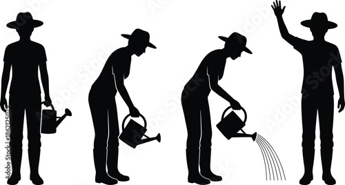 Gardener silhouette sequence watering plants and waving greeting, outdoor hobby, nature care, growth, eco lifestyle, sustainability, peaceful daily activity illustration