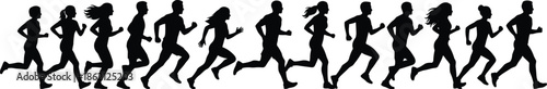 Group of runners silhouettes in motion sequence showing endurance, fitness training, marathon teamwork, speed, athletic energy, healthy lifestyle, outdoor sport illustration