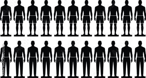 Male body silhouette collection showing front view standing poses, human anatomy proportions, fitness comparison, clothing design reference isolated on white background