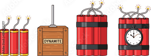 Red dynamite sticks set with burning fuse and wooden detonator box including time bomb with clock for danger and explosion