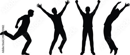 Men silhouettes jumping and celebrating success expressing freedom, happiness, confidence, victory, achievement, positive emotion, dynamic movement, lifestyle illustration concept