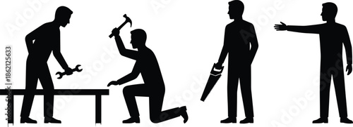 Worker silhouette sequence showing teamwork, tools, construction tasks, instruction, and collaboration poses isolated on white background, industrial labor concept illustration
