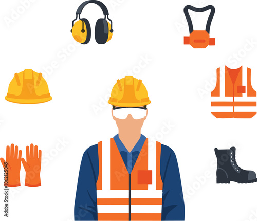 Vector illustration of personal protective equipment and worker wearing safety vest helmet goggles gloves boots ear muffs for industrial workplace safety